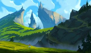 Preview wallpaper girl, mountains, castle, fantasy, art