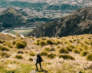 Preview wallpaper girl, mountains, grass, travel, tourist, queenstown, new zealand