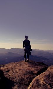 Preview wallpaper girl, mountains, hill, sky