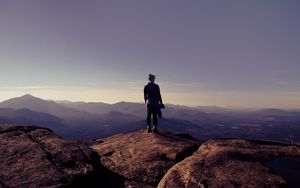 Preview wallpaper girl, mountains, hill, sky