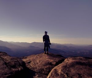 Preview wallpaper girl, mountains, hill, sky