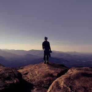 Preview wallpaper girl, mountains, hill, sky