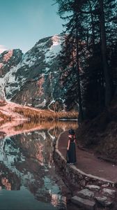Preview wallpaper girl, mountains, lake, trees, reflection, landscape