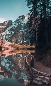 Preview wallpaper girl, mountains, lake, trees, reflection, landscape