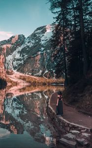 Preview wallpaper girl, mountains, lake, trees, reflection, landscape