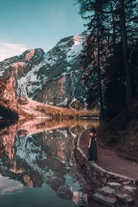 Preview wallpaper girl, mountains, lake, trees, reflection, landscape