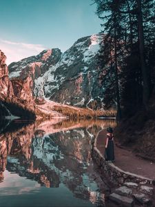 Preview wallpaper girl, mountains, lake, trees, reflection, landscape