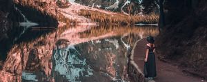 Preview wallpaper girl, mountains, lake, trees, reflection, landscape