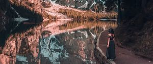 Preview wallpaper girl, mountains, lake, trees, reflection, landscape