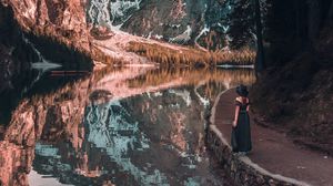 Preview wallpaper girl, mountains, lake, trees, reflection, landscape