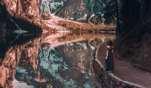 Preview wallpaper girl, mountains, lake, trees, reflection, landscape