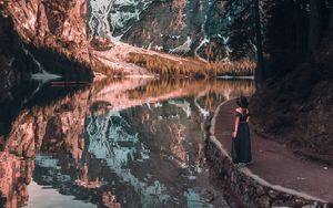 Preview wallpaper girl, mountains, lake, trees, reflection, landscape