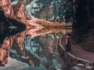 Preview wallpaper girl, mountains, lake, trees, reflection, landscape