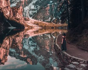 Preview wallpaper girl, mountains, lake, trees, reflection, landscape