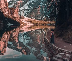 Preview wallpaper girl, mountains, lake, trees, reflection, landscape