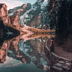 Preview wallpaper girl, mountains, lake, trees, reflection, landscape