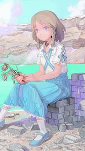 Preview wallpaper girl, mountains, lake, anime, art, cartoon