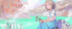 Preview wallpaper girl, mountains, lake, anime, art, cartoon