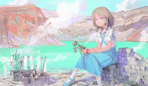 Preview wallpaper girl, mountains, lake, anime, art, cartoon