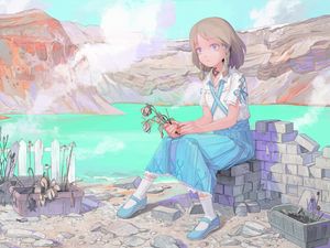 Preview wallpaper girl, mountains, lake, anime, art, cartoon