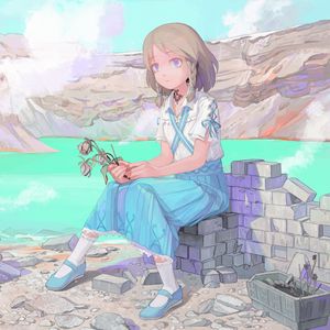 Preview wallpaper girl, mountains, lake, anime, art, cartoon