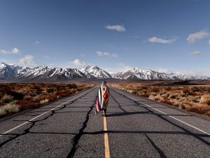 Preview wallpaper girl, mountains, road, way, solitude, california, usa