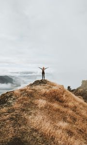 Preview wallpaper girl, mountains, top, freedom, grass