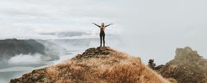 Preview wallpaper girl, mountains, top, freedom, grass