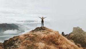 Preview wallpaper girl, mountains, top, freedom, grass