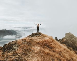 Preview wallpaper girl, mountains, top, freedom, grass