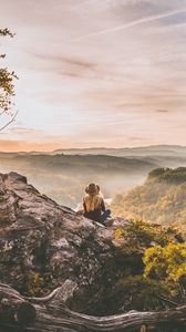 Preview wallpaper girl, mountains, trees, view, nature, alone