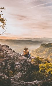 Preview wallpaper girl, mountains, trees, view, nature, alone