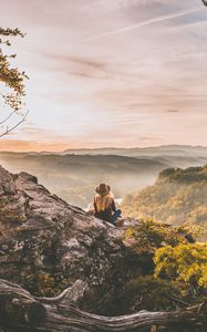 Preview wallpaper girl, mountains, trees, view, nature, alone