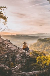 Preview wallpaper girl, mountains, trees, view, nature, alone