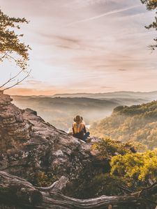 Preview wallpaper girl, mountains, trees, view, nature, alone