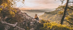 Preview wallpaper girl, mountains, trees, view, nature, alone