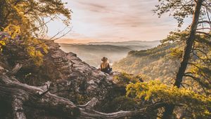 Preview wallpaper girl, mountains, trees, view, nature, alone