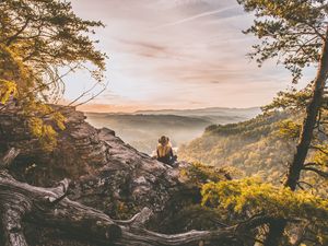 Preview wallpaper girl, mountains, trees, view, nature, alone