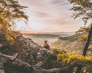 Preview wallpaper girl, mountains, trees, view, nature, alone