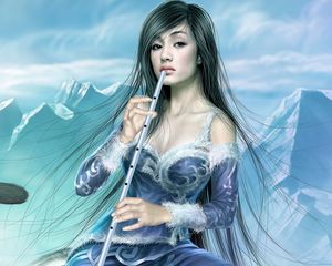 Preview wallpaper girl, mountains, warrior, tail