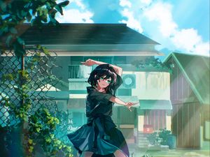 Preview wallpaper girl, movement, house, anime