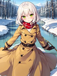 Preview wallpaper girl, movement, river, mountains, winter, anime