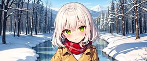 Preview wallpaper girl, movement, river, mountains, winter, anime