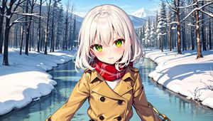 Preview wallpaper girl, movement, river, mountains, winter, anime