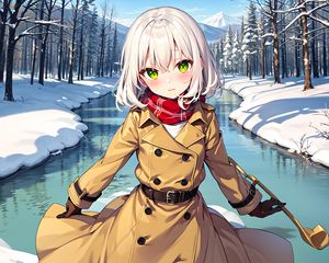 Preview wallpaper girl, movement, river, mountains, winter, anime