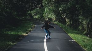 Preview wallpaper girl, movement, road, marking, trees