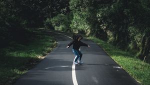 Preview wallpaper girl, movement, road, marking, trees