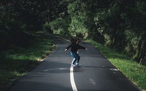 Preview wallpaper girl, movement, road, marking, trees