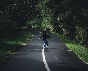 Preview wallpaper girl, movement, road, marking, trees