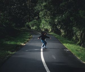 Preview wallpaper girl, movement, road, marking, trees